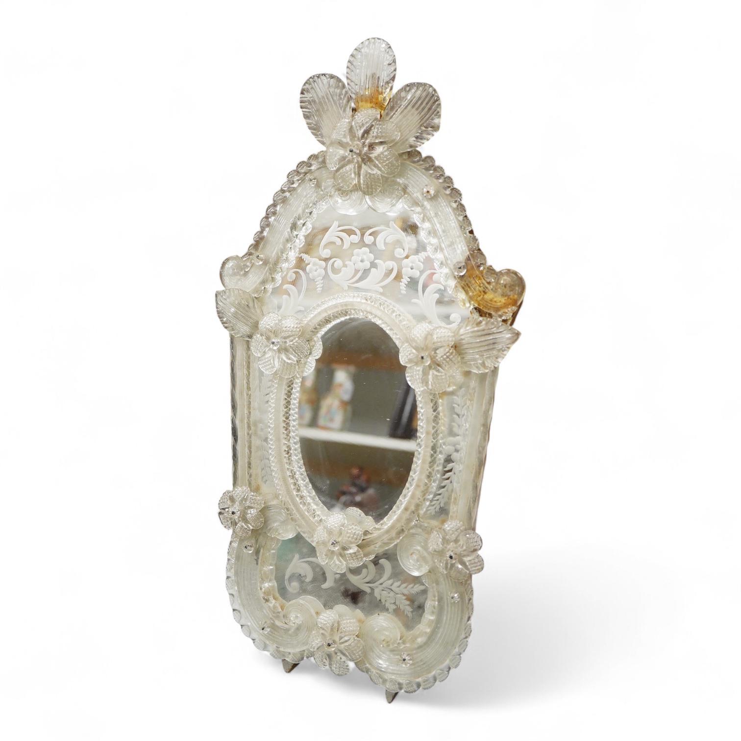 A Venetian glass easel mirror with applied glass flowers, 53cm high